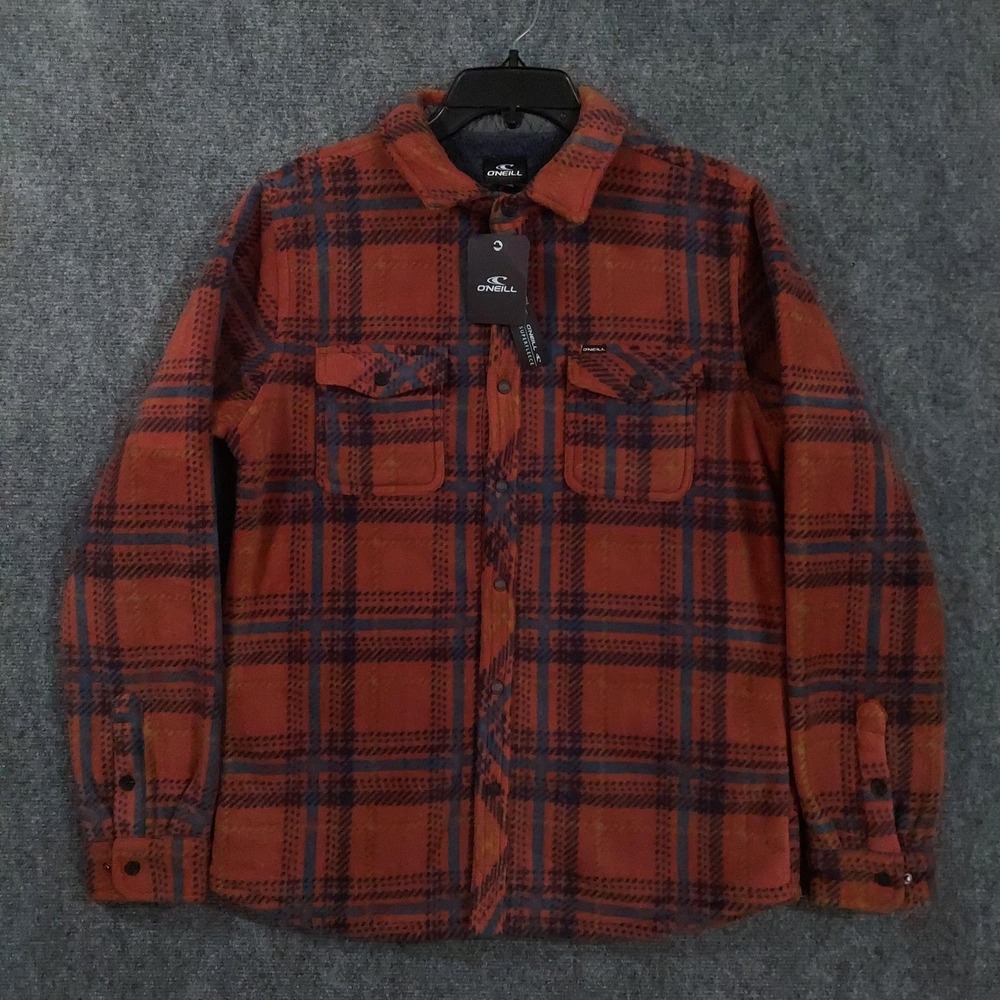O'Neill Superfleece Jacket Mens Small Orange Plaid Sherpa Lined Fleece Snap